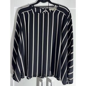 LOFT Striped Woven Button Long Sleeve Blouse Black White 100% Polyester S